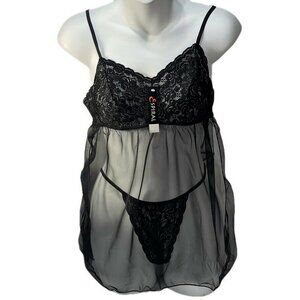Black Espiral Sheer Lace Babydoll Lingerie Set With Thong Size S